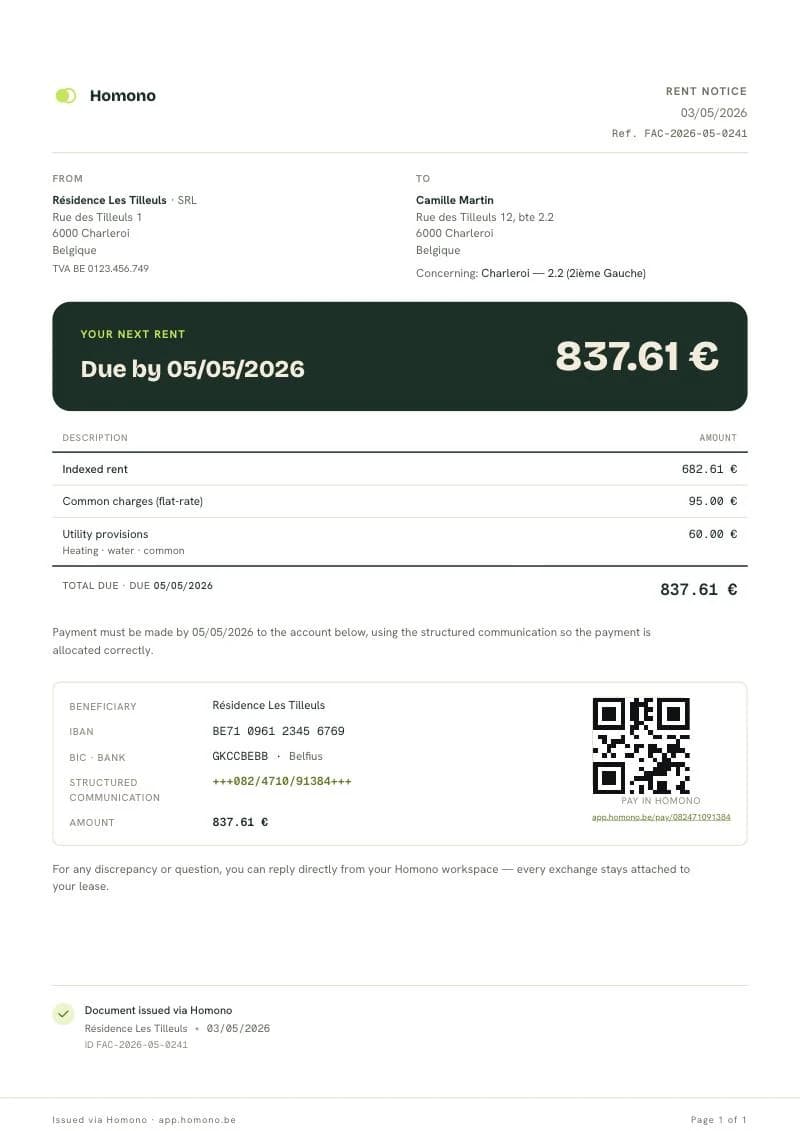 A4 rent notice produced by Homono: issuer, tenant, amount due, rent and charges breakdown, IBAN, structured communication and payment QR code.