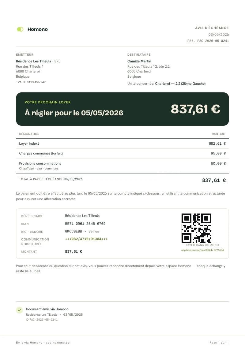 Avis d'échéance au format A4 produit par Homono : émetteur, locataire, montant à régler, détail du loyer et des charges, IBAN, communication structurée et QR code de paiement.