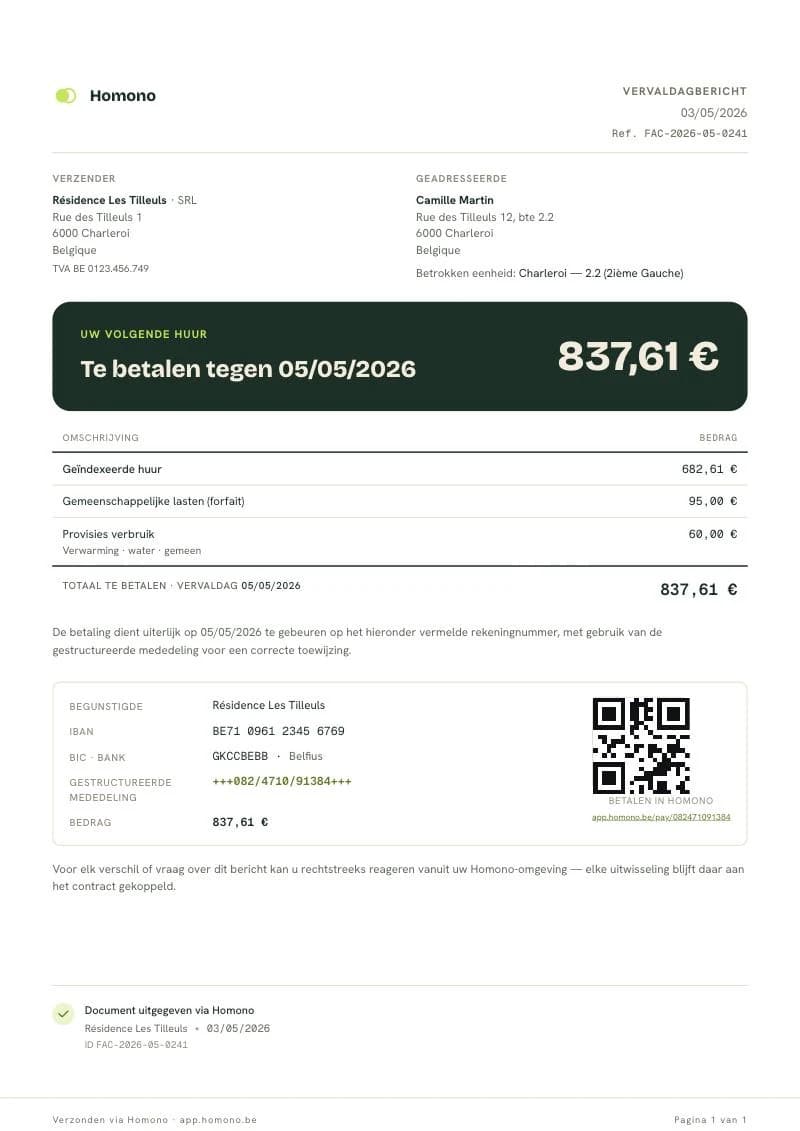 Vervaldagbericht op A4 gemaakt door Homono: verzender, huurder, te betalen bedrag, detail van huur en lasten, IBAN, gestructureerde mededeling en QR-code om te betalen.