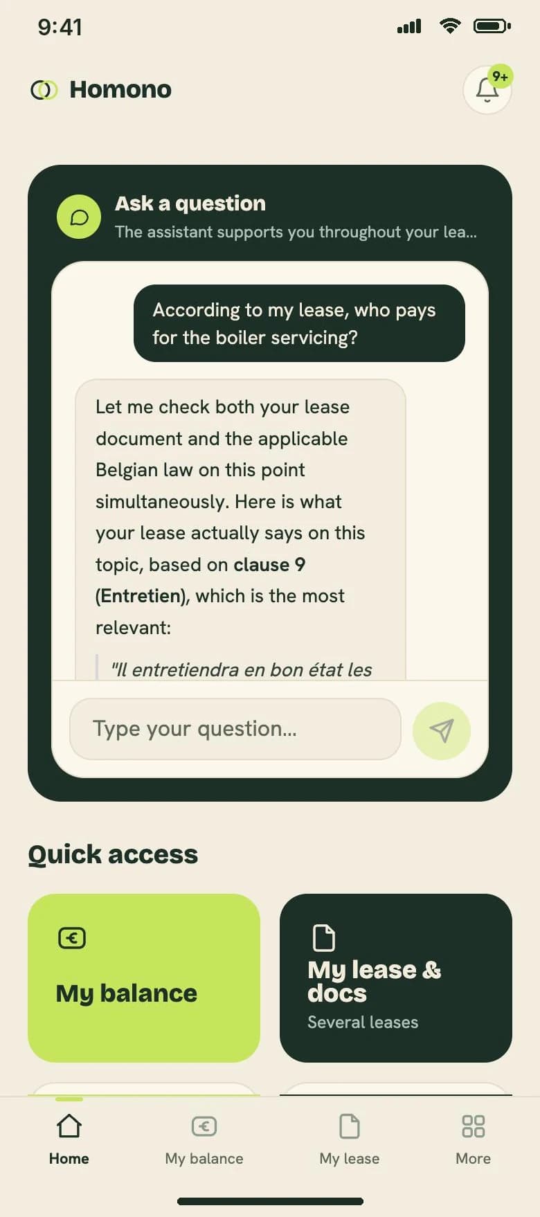 Real screen of the tenant app: the assistant answers a question about boiler maintenance by quoting the lease.