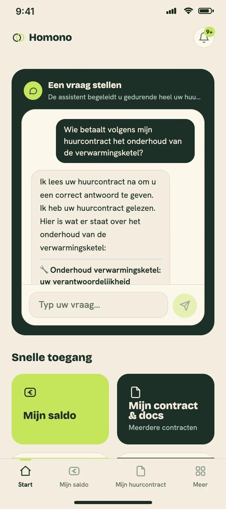 Echt scherm van de huurdersapp: de assistent beantwoordt een vraag over het onderhoud van de ketel en citeert het huurcontract.