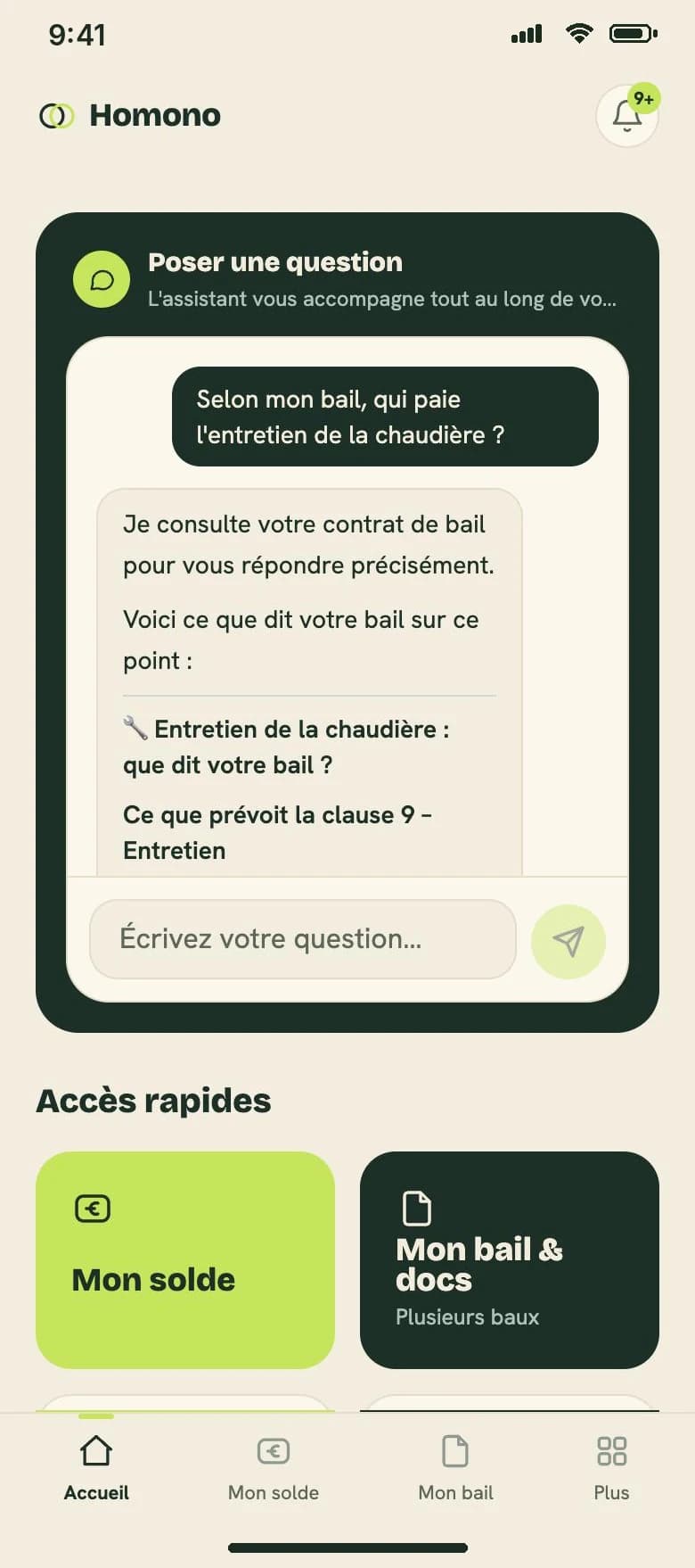 Écran réel de l'application locataire : l'assistant répond à une question sur l'entretien de la chaudière en citant le bail.