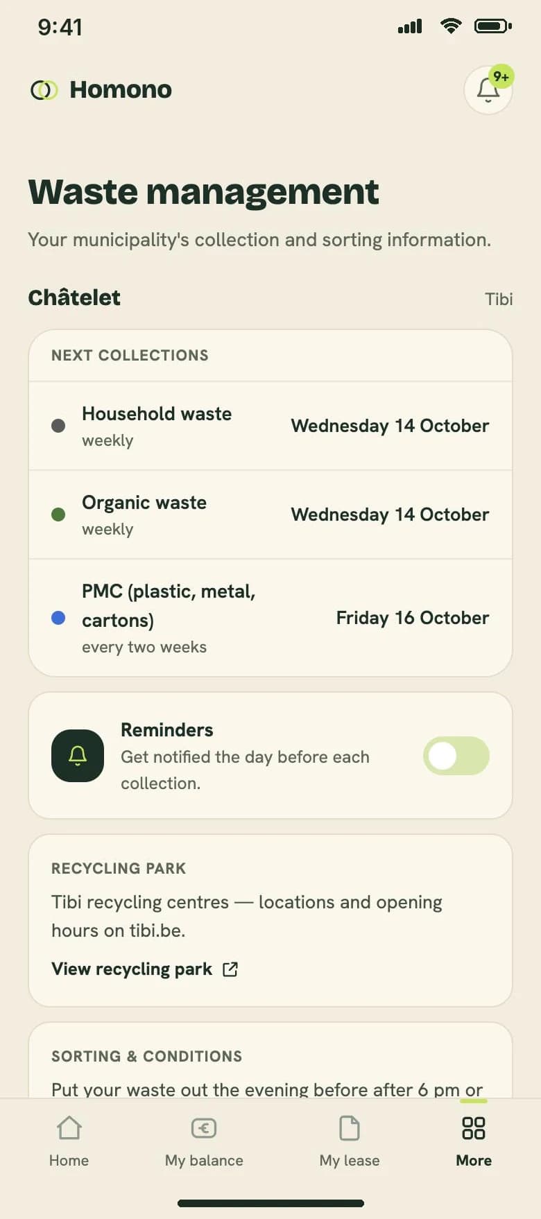 Real screen of the tenant app: the next waste collections in the municipality, with a reminder the evening before each one.
