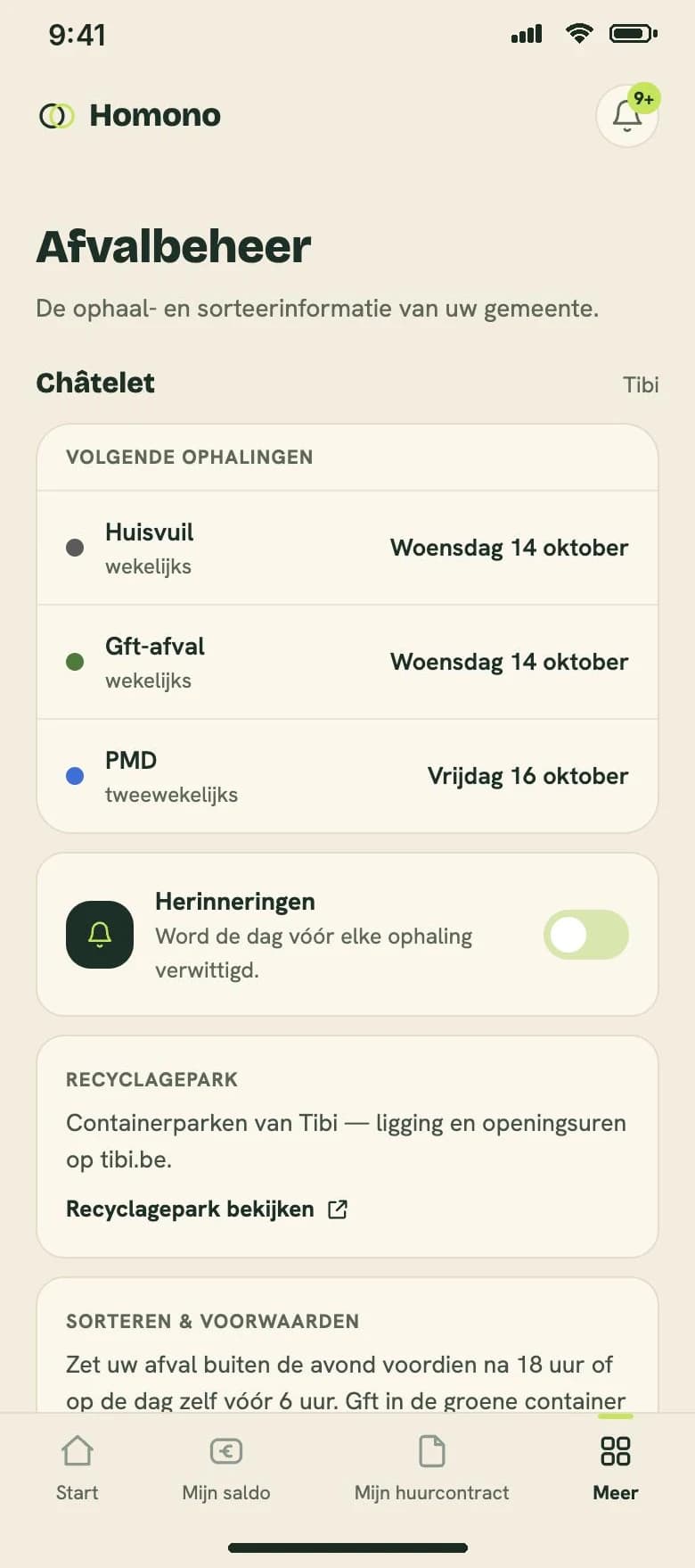 Echt scherm van de huurdersapp: de volgende afvalophalingen in de gemeente, met een herinnering de avond ervoor.