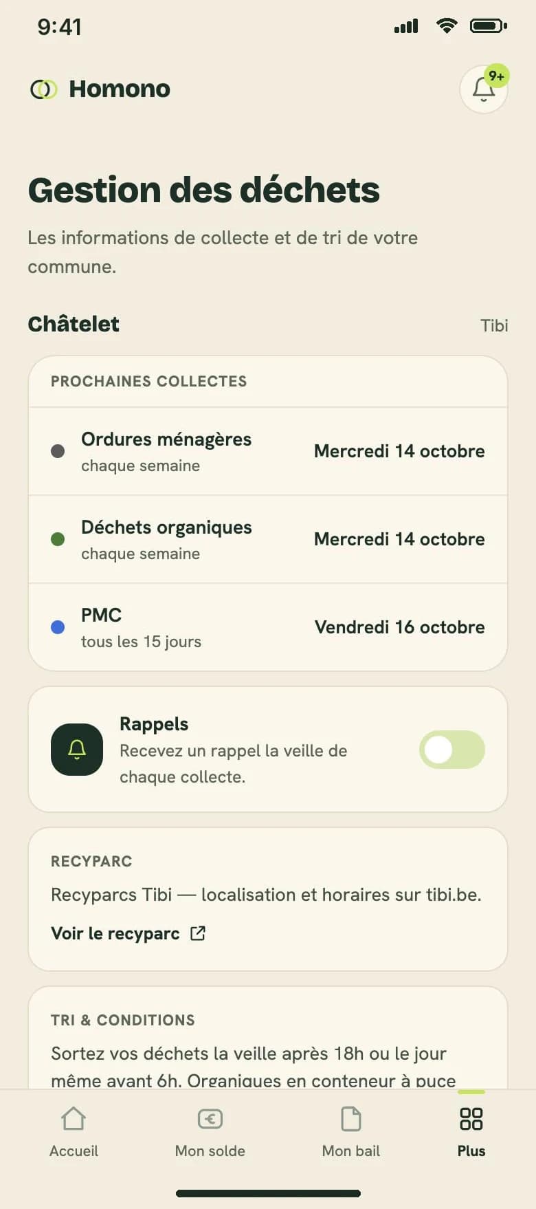 Écran réel de l'app locataire : les prochaines collectes de déchets de la commune, avec un rappel la veille de chacune.